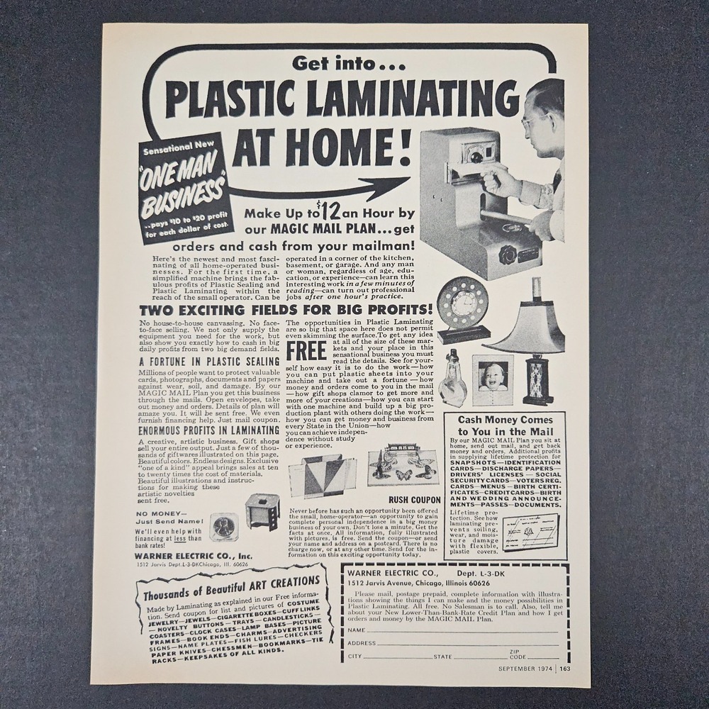 1974 Warner Electric Plastic‎ Laminating At Home 1-Man Business Vintage Print Ad